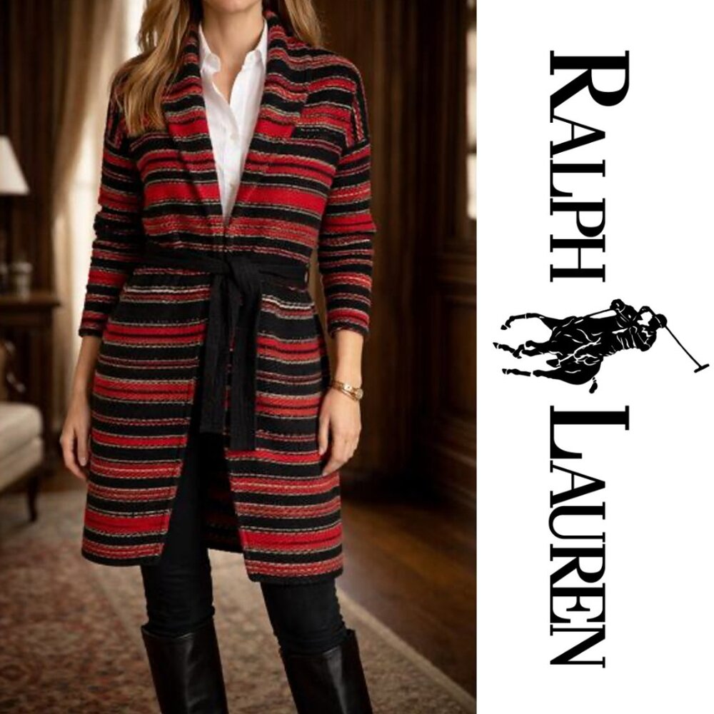 RALPH LAUREN Wool Americana Striped Belted Cardigan